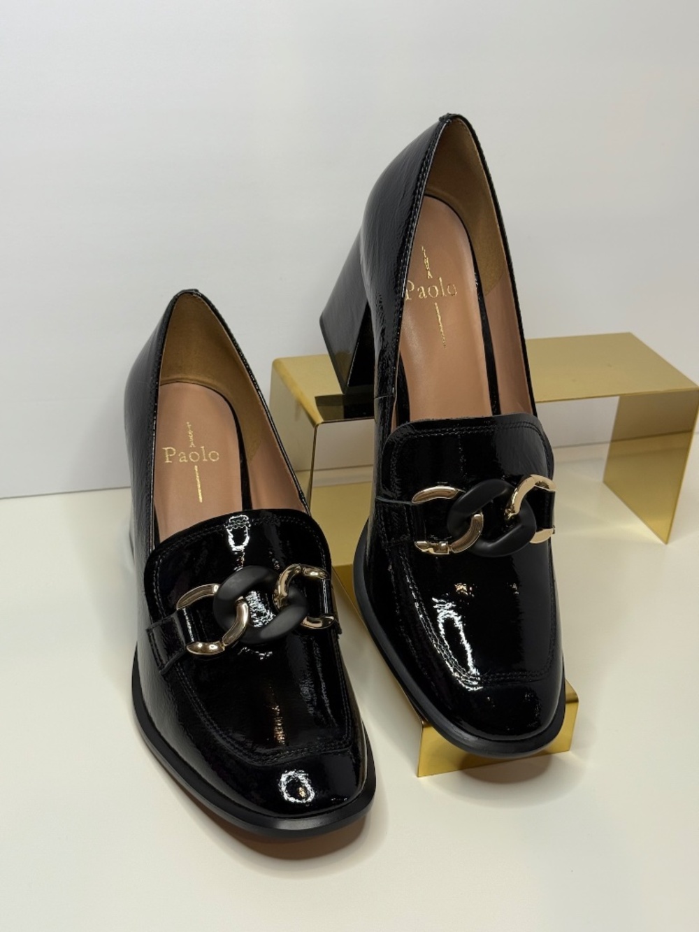 NWT Linea Paolo Cece Black Crinkle Leather Chain Loafers Block Heel Womens 10 - Picture 2 of 7